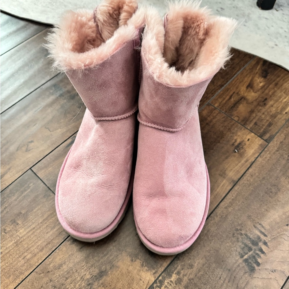 Ugg Mini Bailey Bow Plush Faux Fur Ankle Boots - Pink/Lavender Size 8